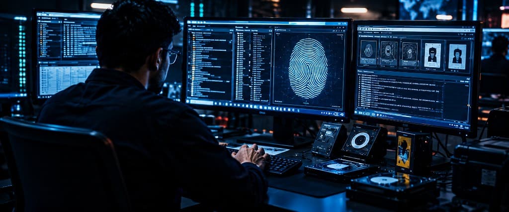 DFIR analyst at a forensics bench with a fingerprint, evidence drives and case photos