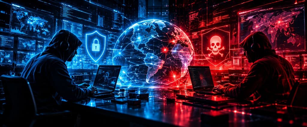 Red vs Blue operators facing off across a network operations floor