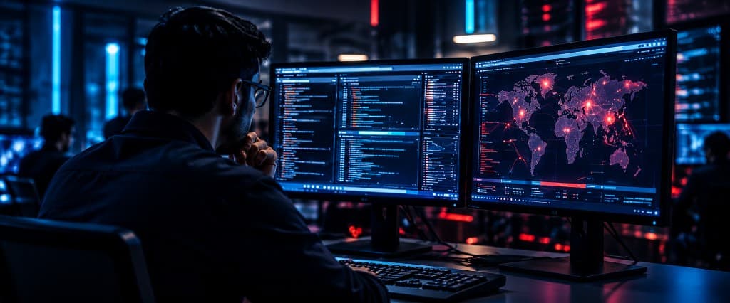 Blue Team hunter reviewing detections beside a global threat map