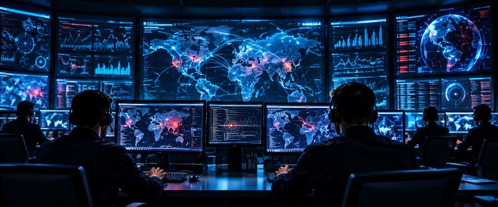 Blue Team analysts on a virtual SOC floor, watching threat maps and consoles